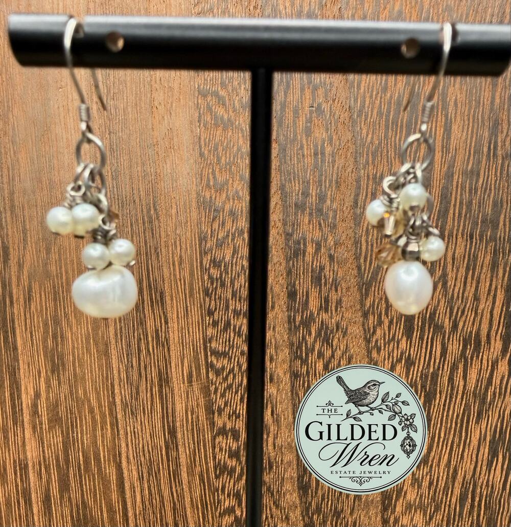 925 Sterling Silver Freshwater Pearl Crystal Cluster Dangle Hook Earrings